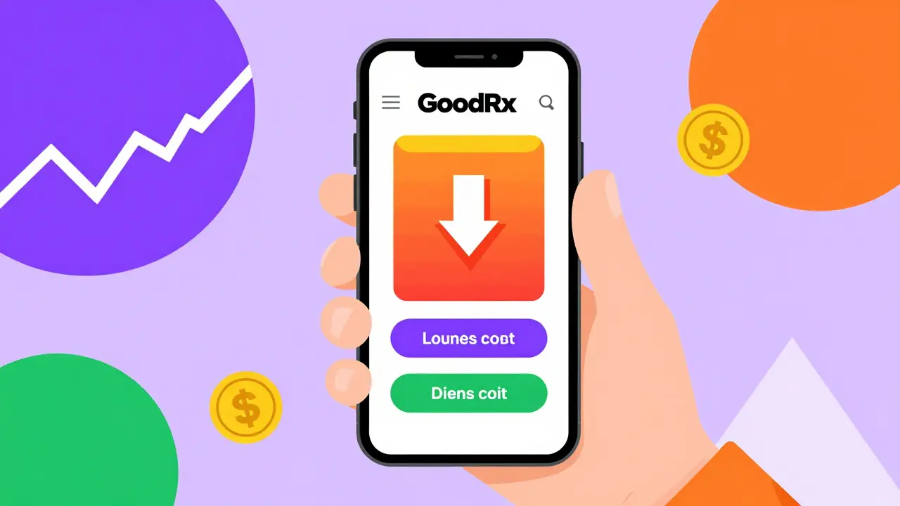 Smartphone showing digital coupons with abstract savings icons in Memphis style