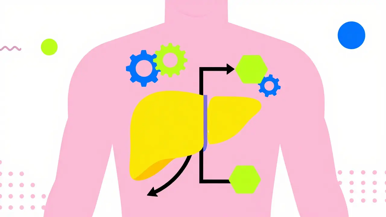 Stylized illustration of liver enzymes processing drugs in Memphis style