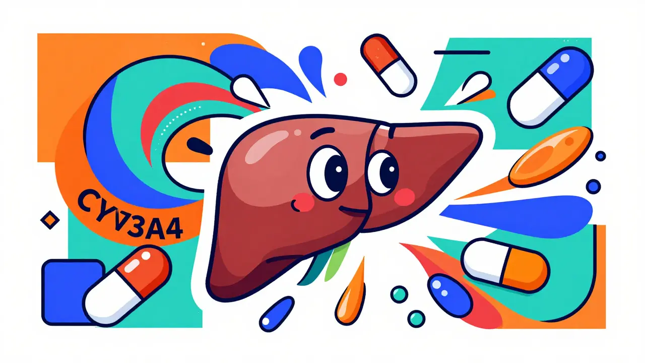 Stylized liver interacting with colorful geometric enzyme shapes and pills