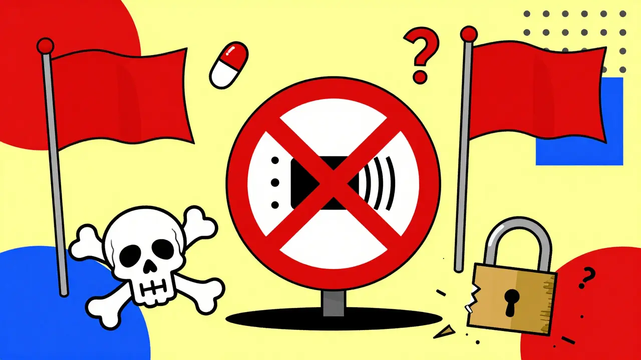 Warning signs for unsafe online pharmacies including fake pills