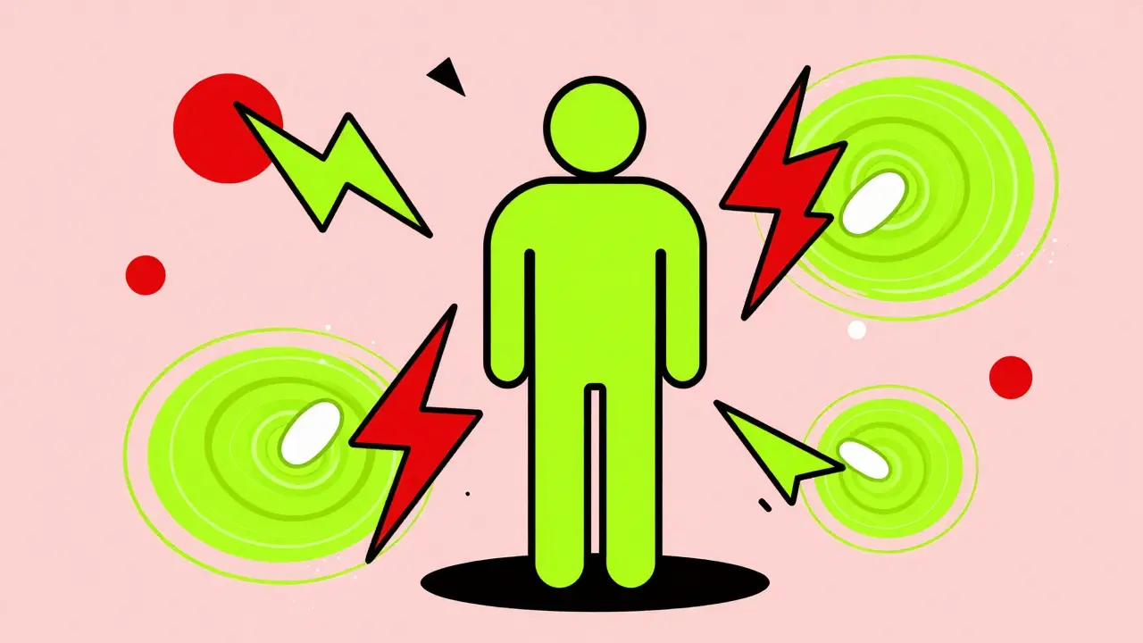 Abstract figure surrounded by shapes showing medication side effects