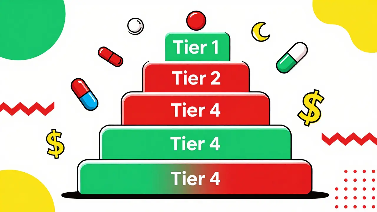 Colorful graphic showing drug cost tiers and price differences