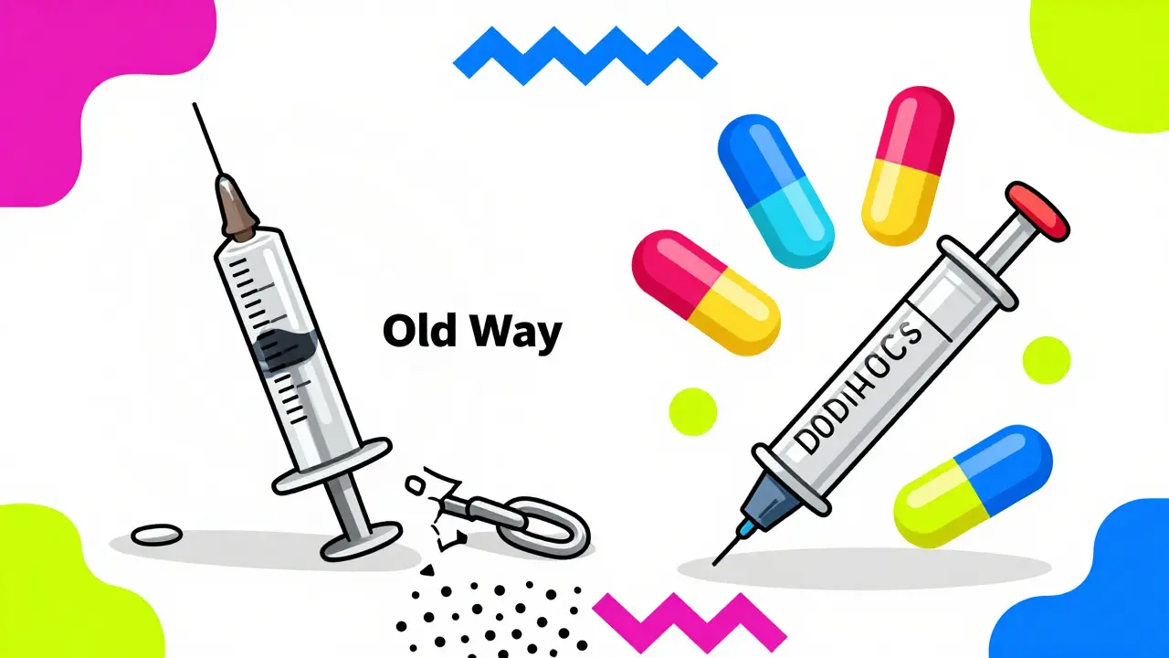 Colorful graphic showing the shift from injections to oral pills for surgery prep.