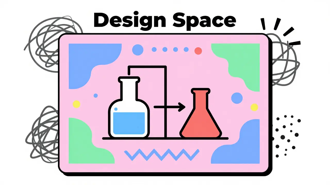 Colorful square design space with lab icons in Memphis art style