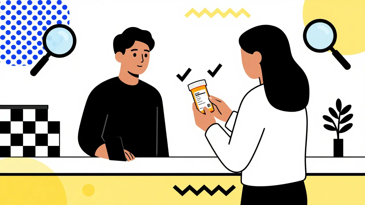 Illustration of person checking pill bottle details