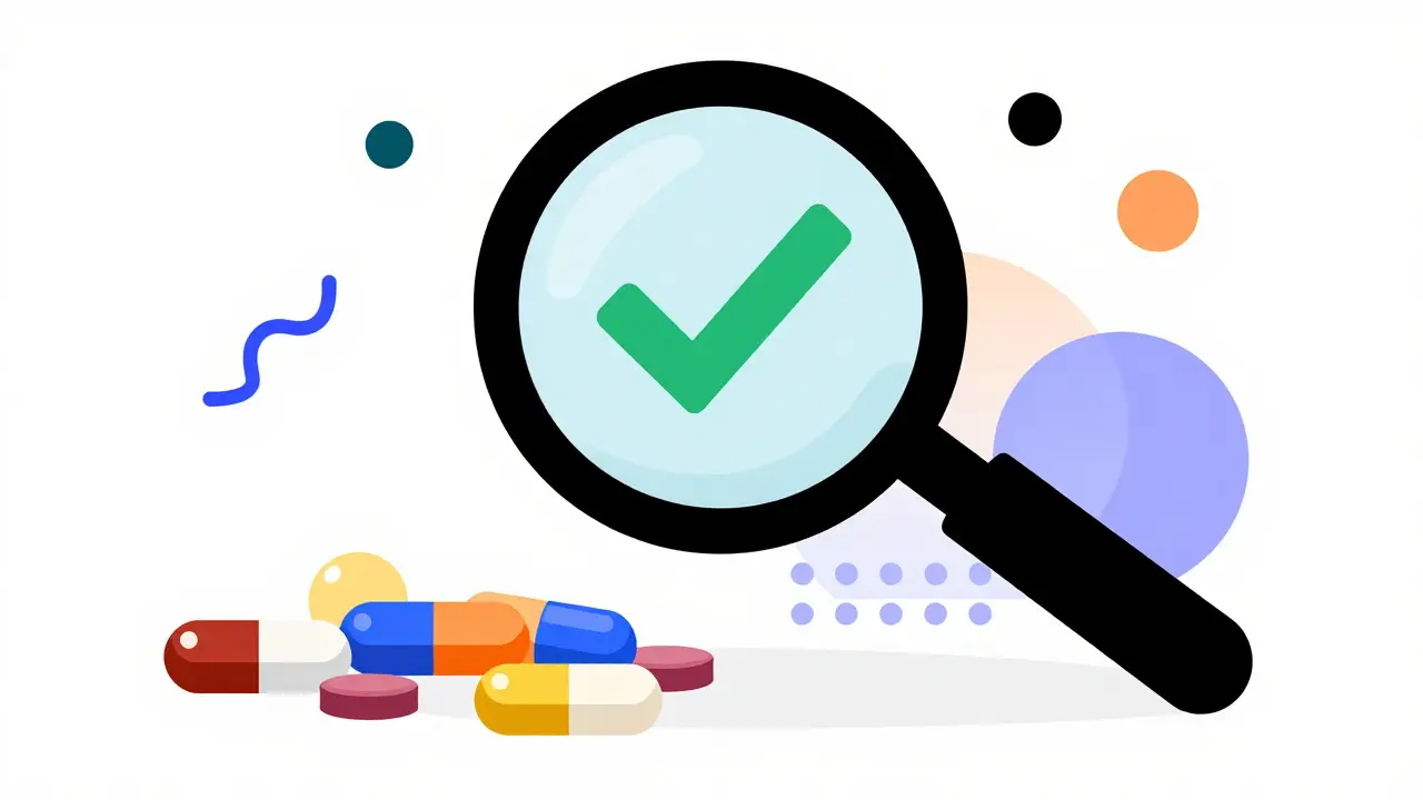 Magnifying glass inspecting colorful pills for safety compliance