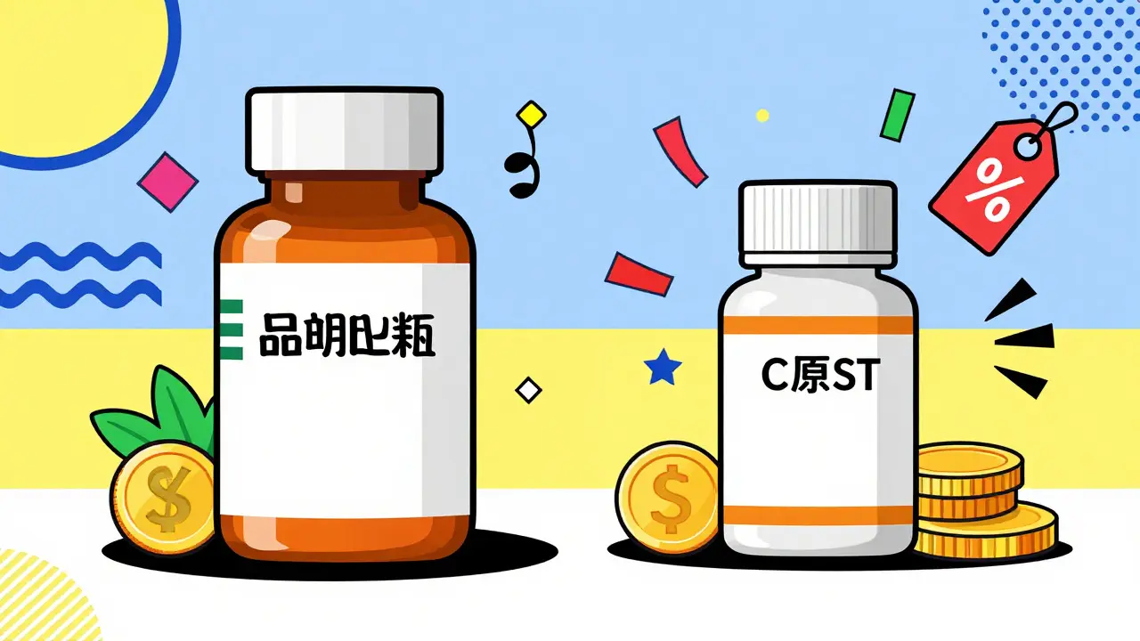 Memphis design comparing expensive brand name vs affordable generic medication bottles