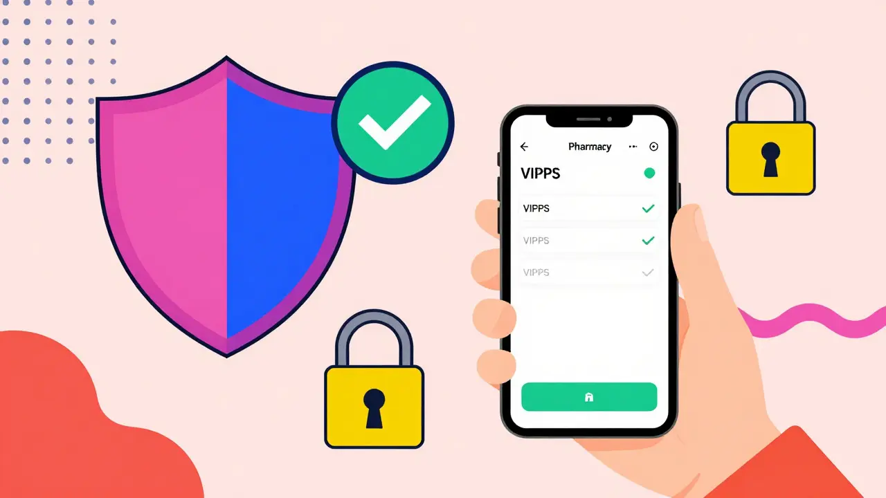 Memphis style cartoon of secure online pharmacy with shield and lock icons