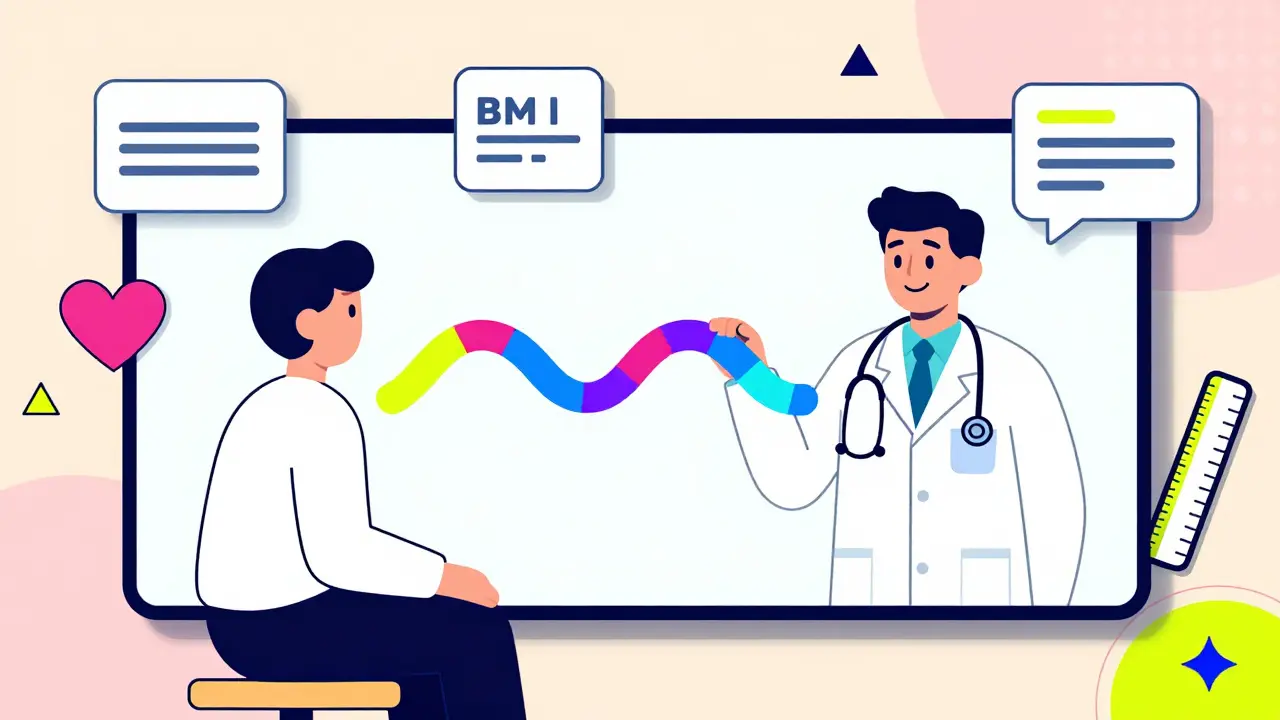 Memphis style cartoon of telehealth consultation and medical evaluation process