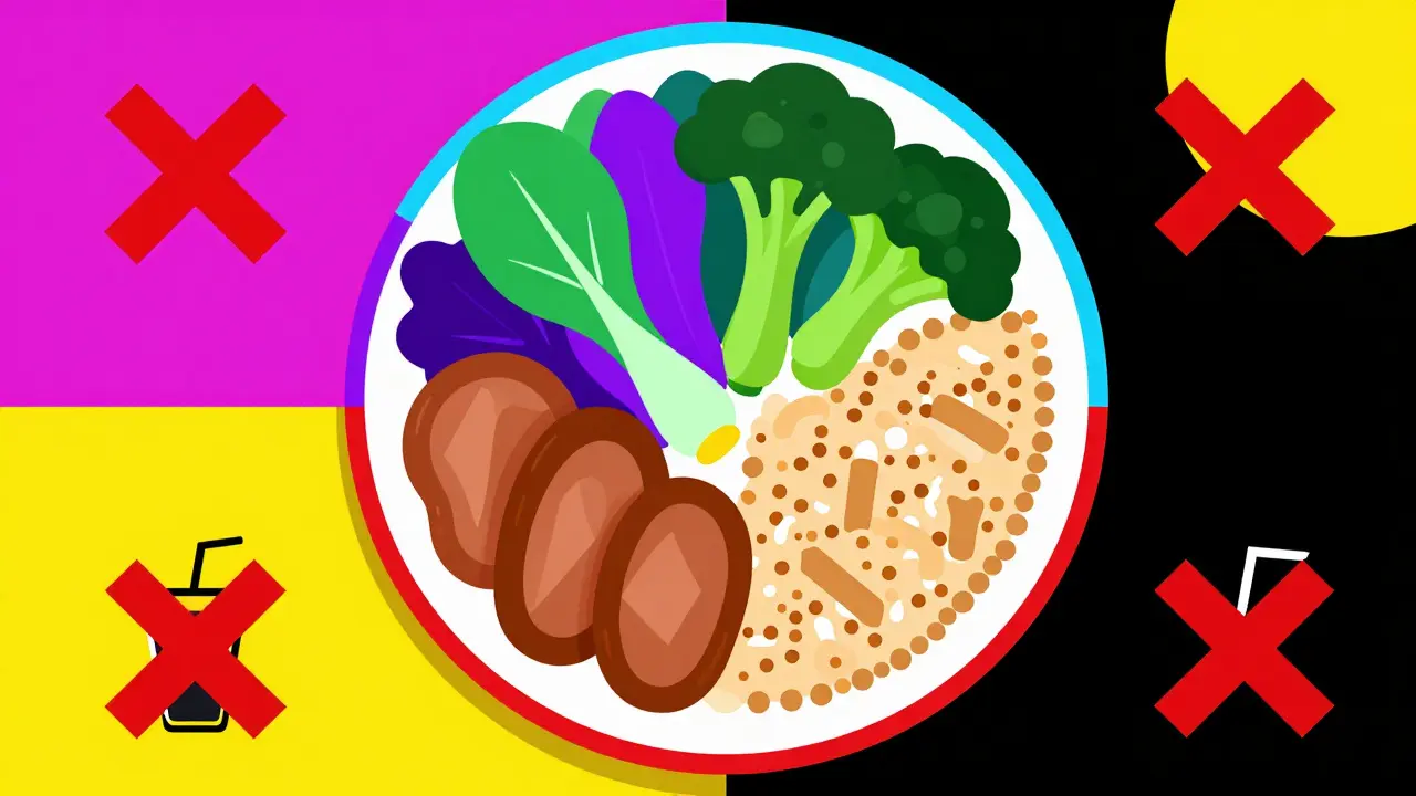 Memphis style plate with colorful veggies and grains, avoiding sugary items, flat vector art.