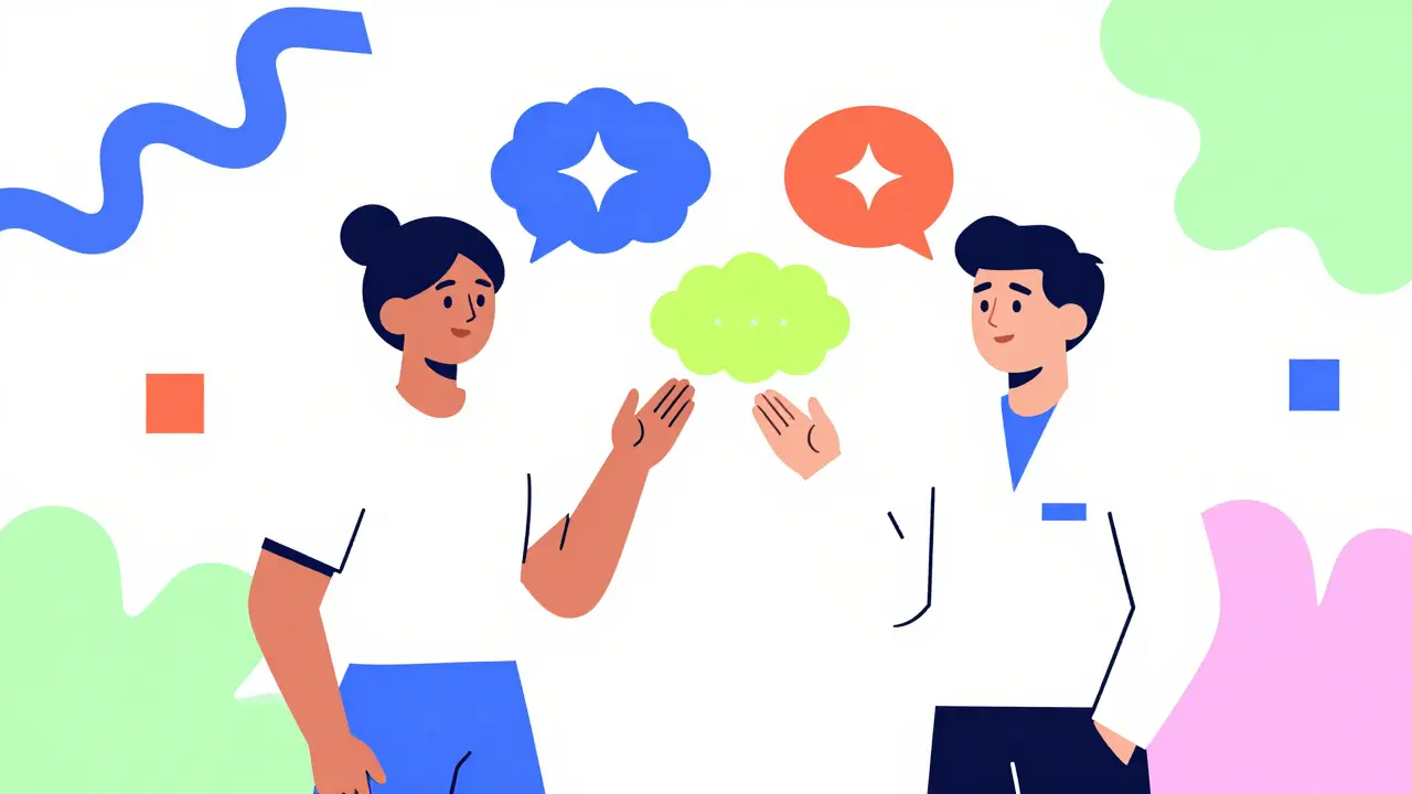 Patient talking to pharmacist with colorful graphics