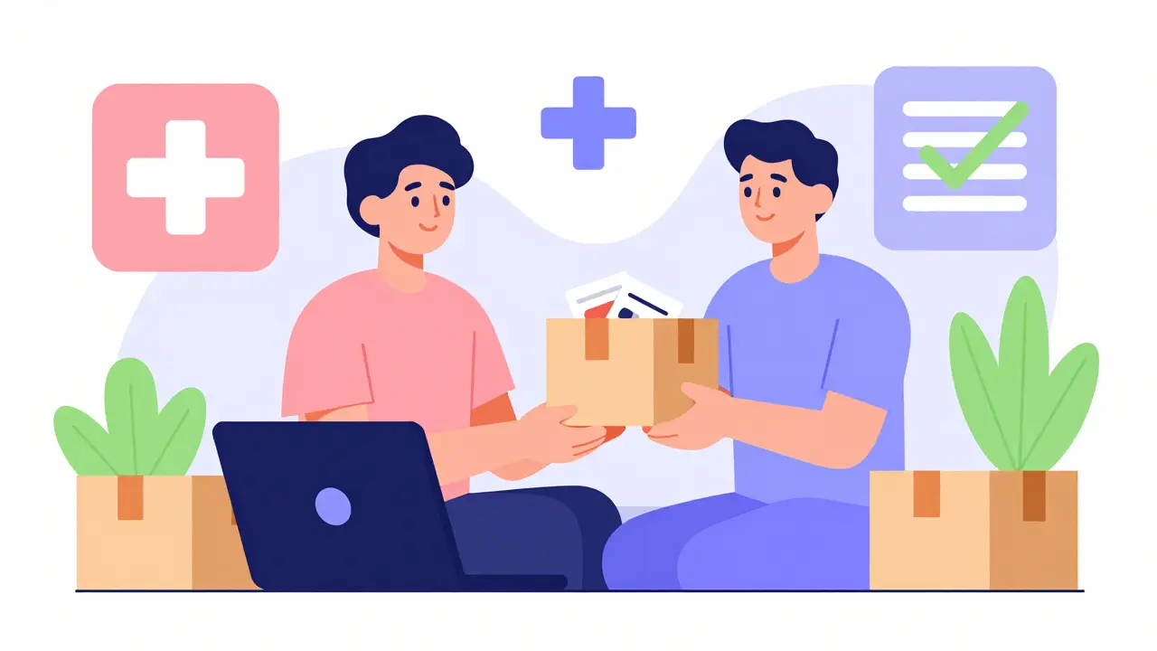 Person relaxing at home with a delivered medicine package in Memphis design style