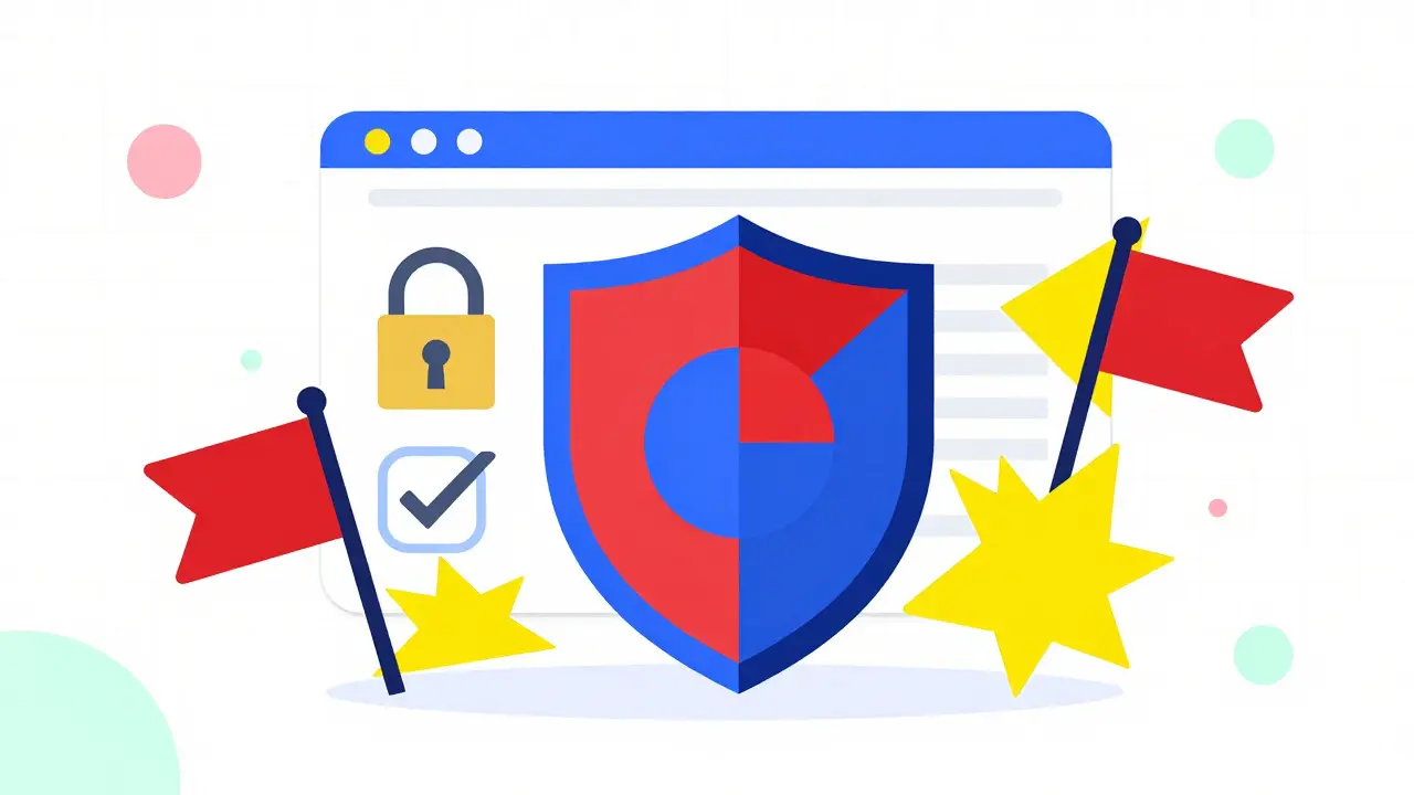 Shield icon and padlock symbolizing safe online pharmacy verification