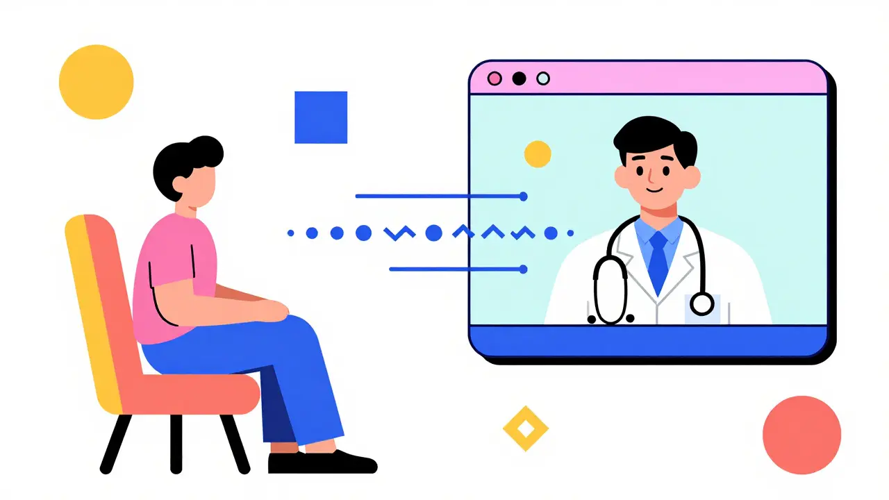 Stylized cartoon of a telehealth video consultation with geometric patterns