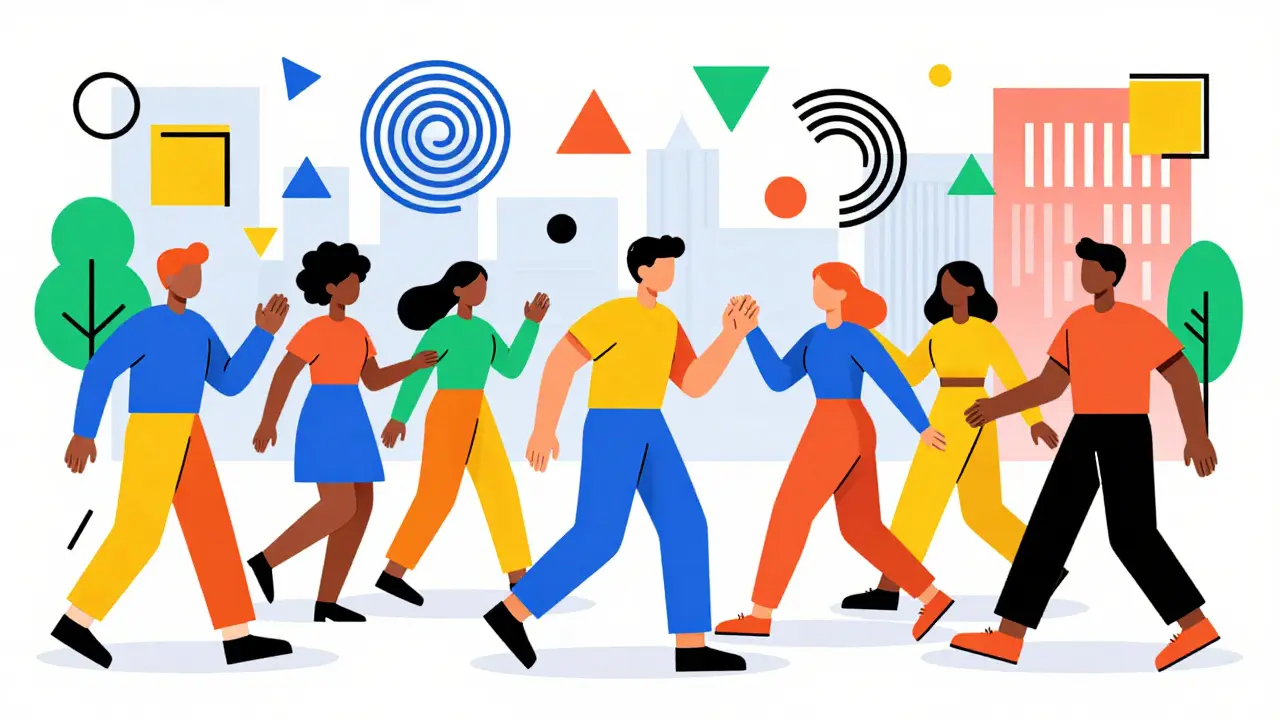 Stylized figures exercising together amidst bright geometric patterns in Memphis design style.