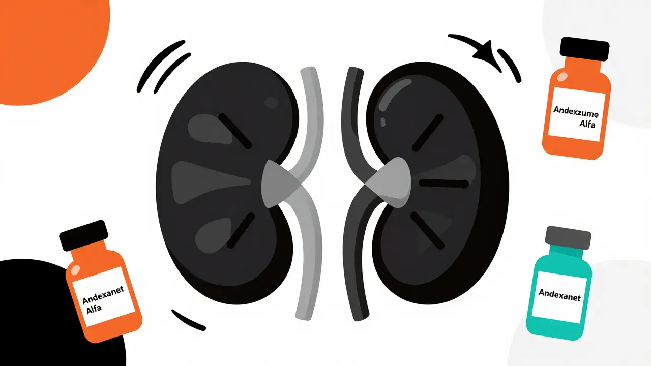 Stylized geometric art depicting kidney function and emergency reversal medication.