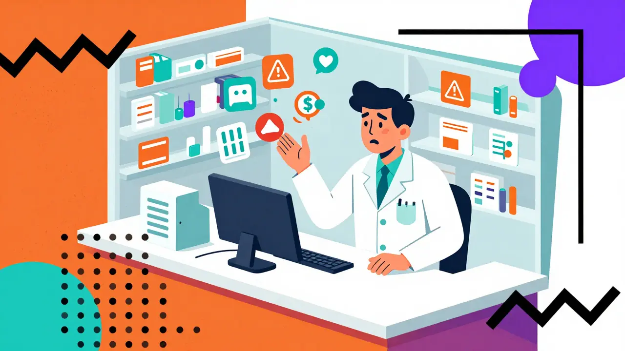 Stylized illustration of overwhelmed pharmacist amidst abstract alert icons