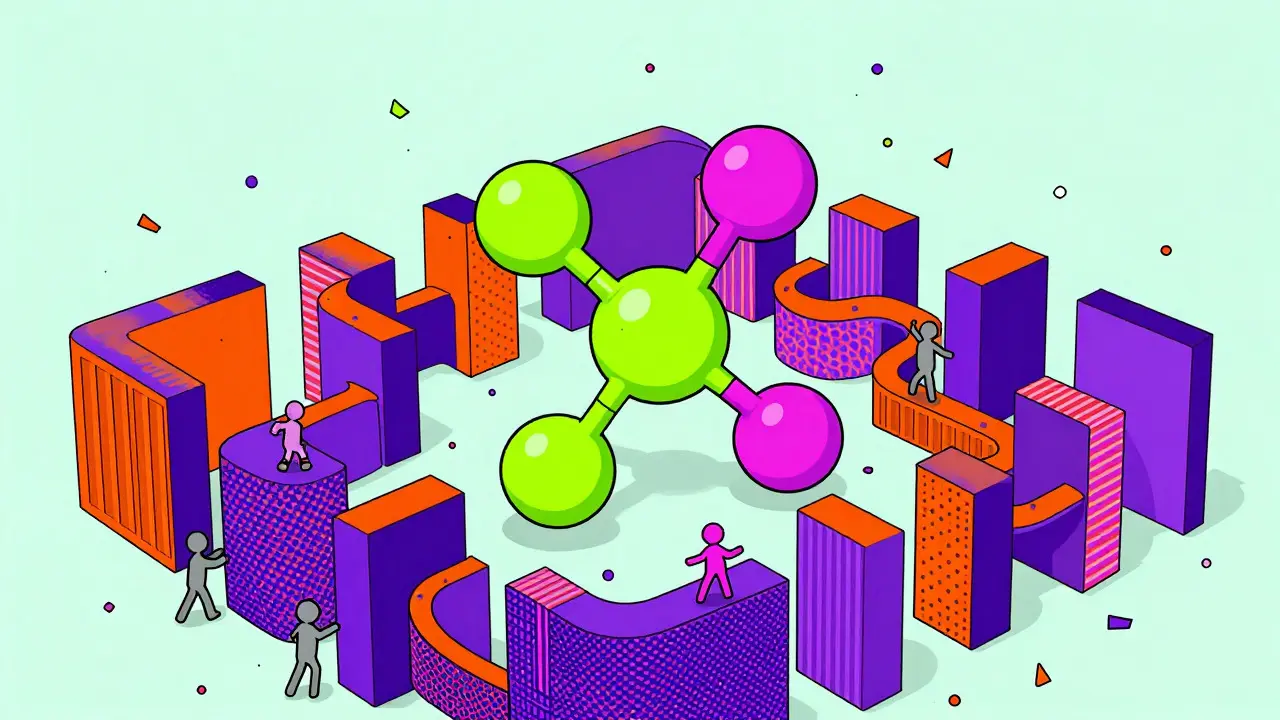 Abstract cartoon showing generic drugs blocked by a colorful patent maze.