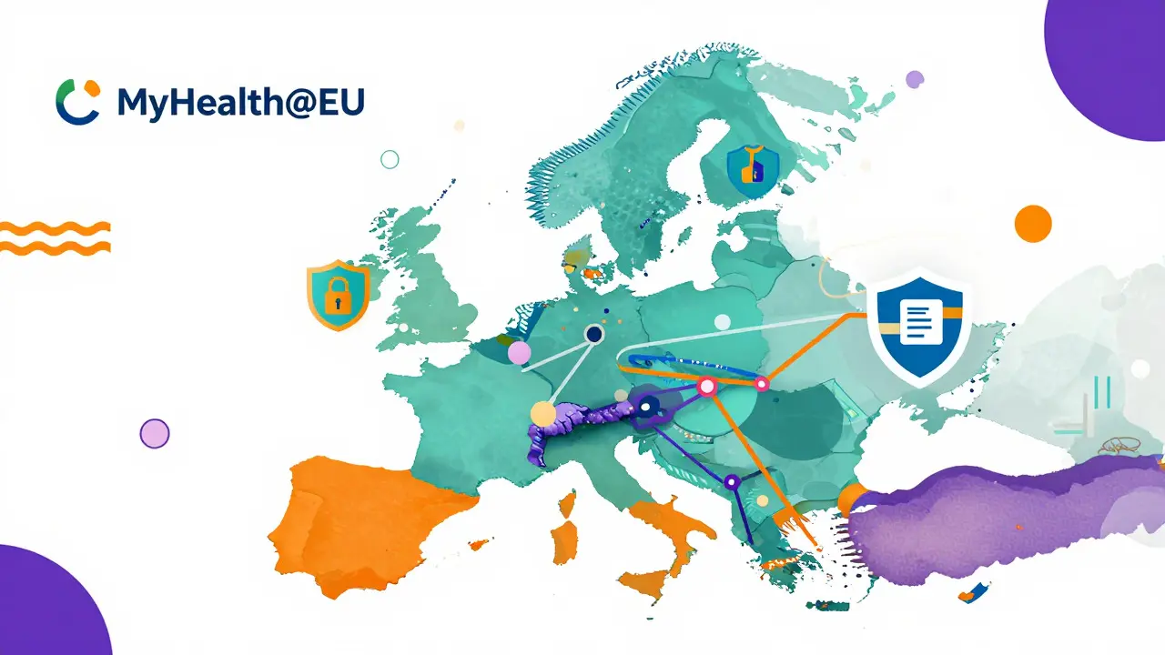 Abstract map of Europe showing secure health data connections