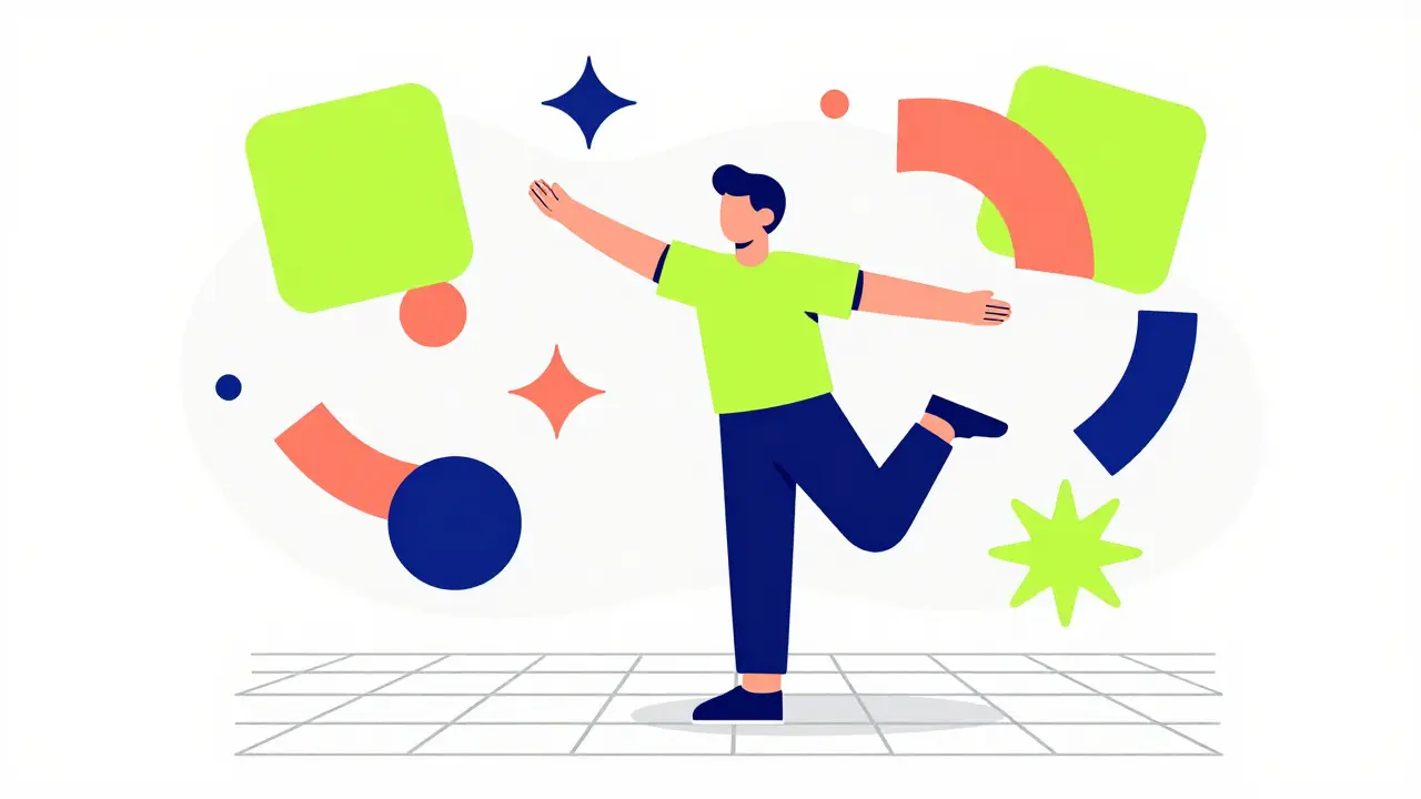Cartoon figure balancing on one leg amidst colorful abstract shapes representing therapy