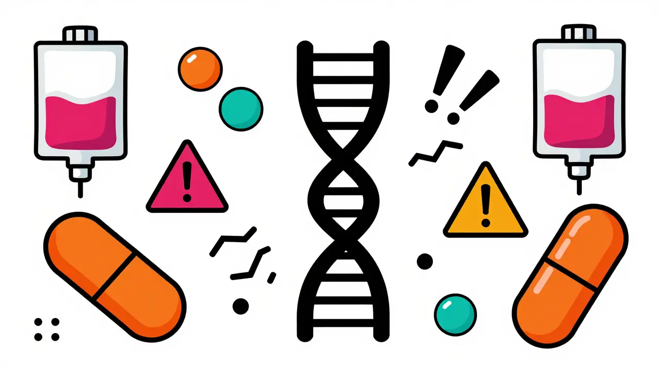 Colorful Memphis style pills and IVs causing stress on a stylized cellular structure.