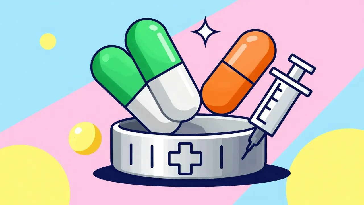 Colorful pills and medical alert bracelet in vibrant Memphis illustration style