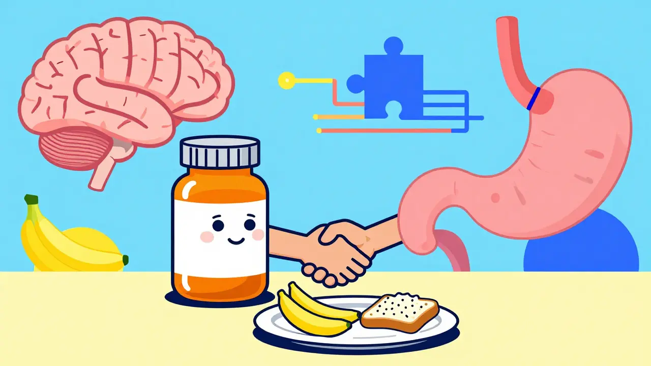 Friendly pill bottle and healthy food icons interacting in a colorful Memphis illustration.