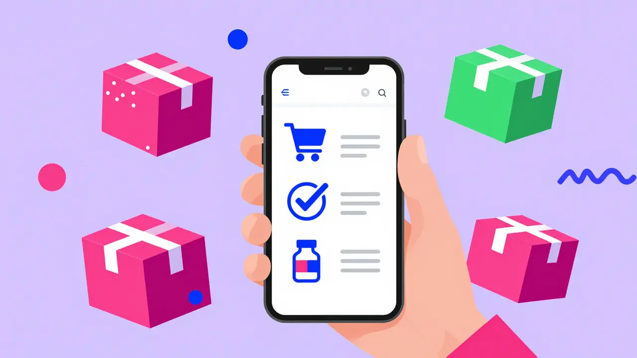 Hand holding phone with colorful icons and floating delivery boxes in Memphis style