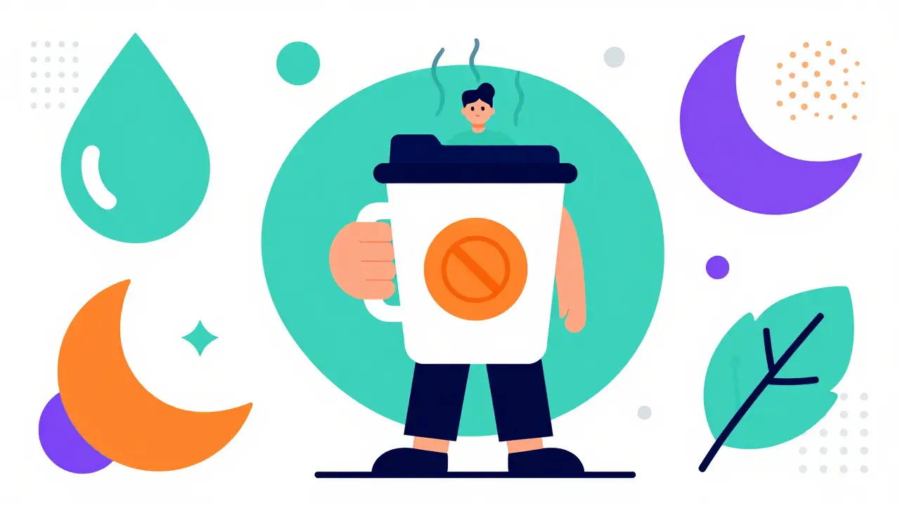 Illustration of a person managing triggers with a coffee cup and health-related icons