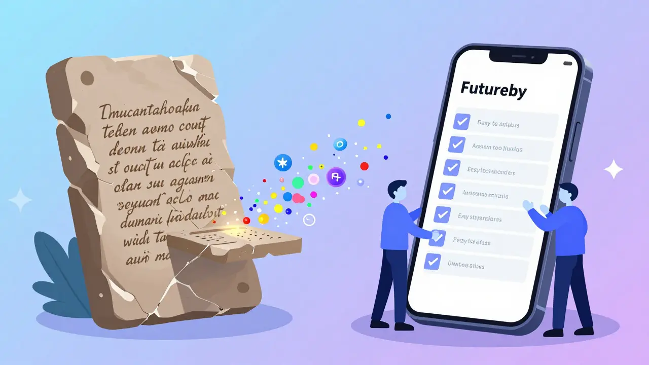 Illustration of a transition from old paper prescriptions to a modern digital health interface