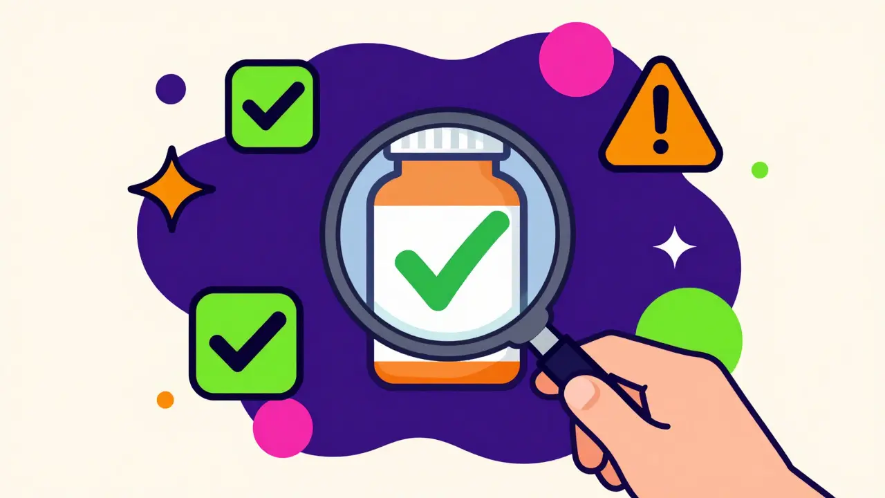 Illustration of verifying online pharmacy safety with a magnifying glass and warning icons