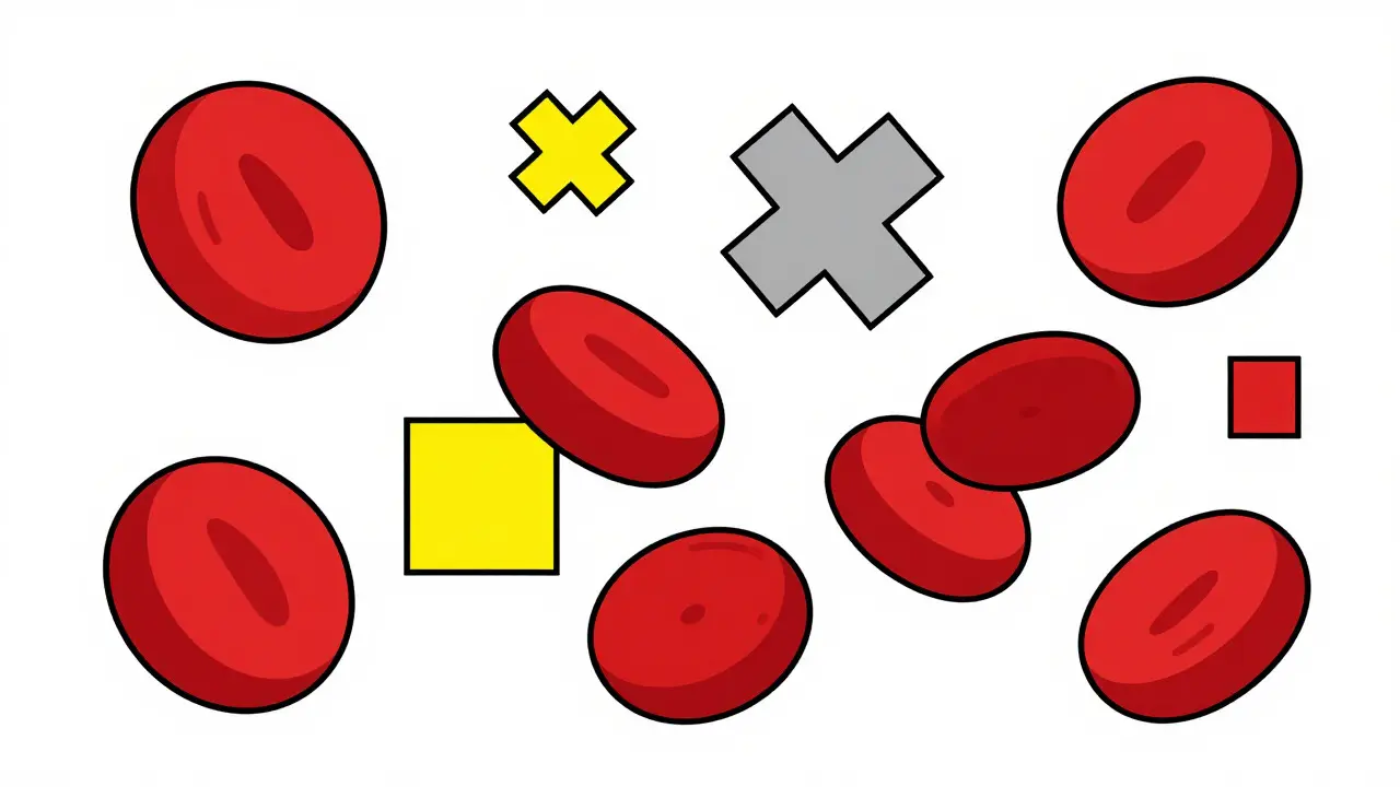Memphis style graphic of blood cells and geometric shapes