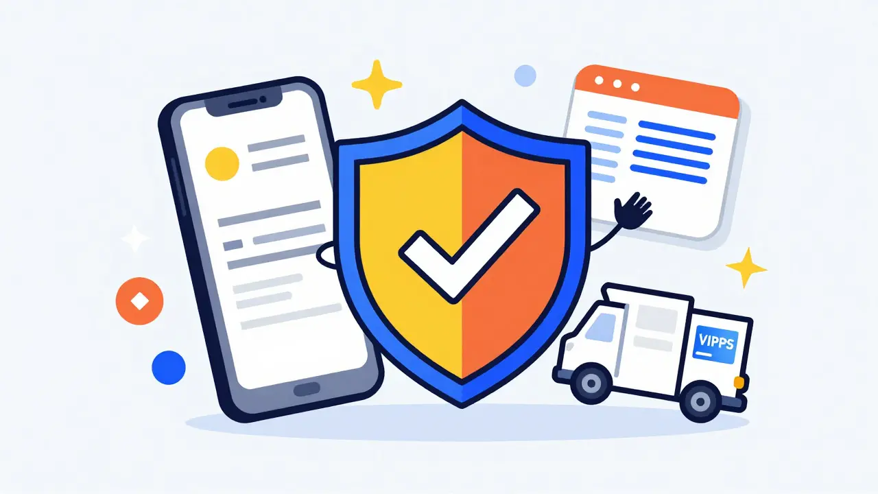Safe online pharmacy shield icon in Memphis design style