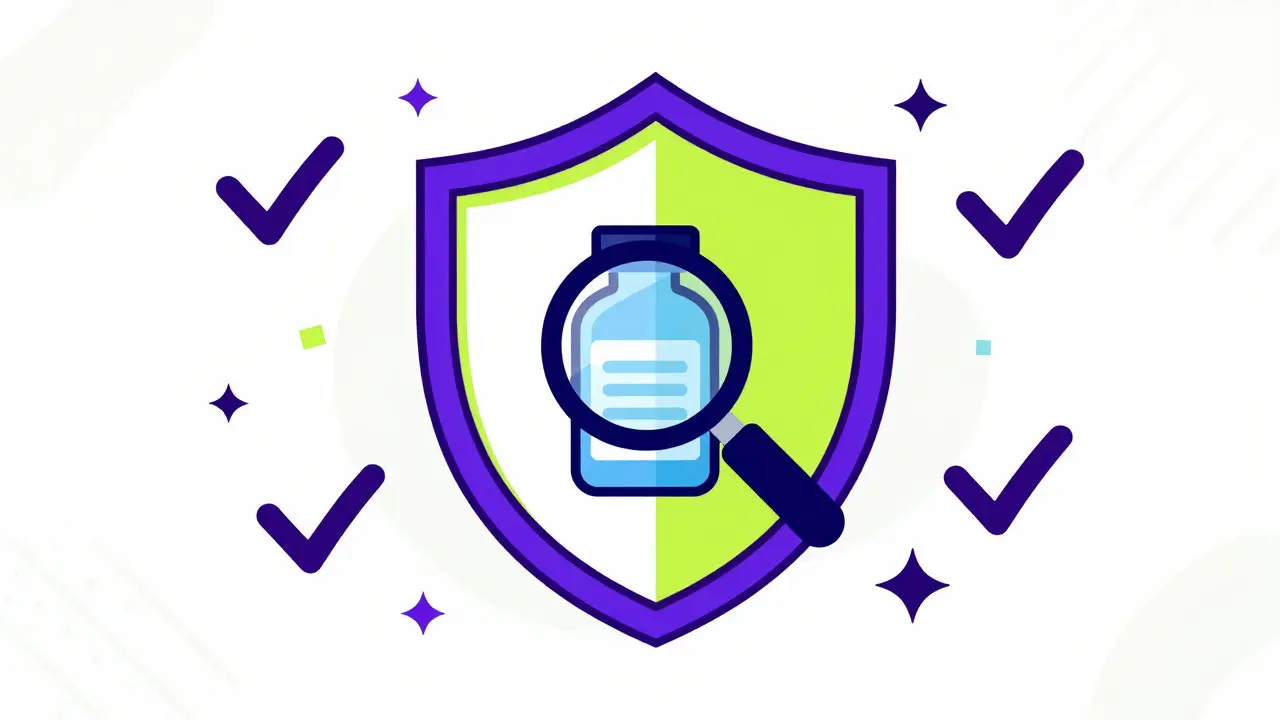Shield icon with magnifying glass inspecting medicine bottle amidst abstract trust symbols