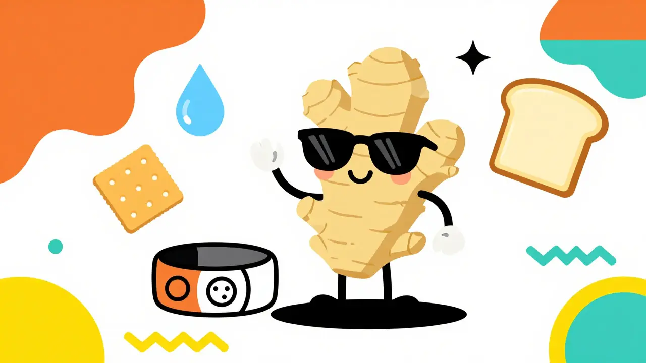 Stylized ginger root and acupressure wristband with geometric shapes in Memphis style.