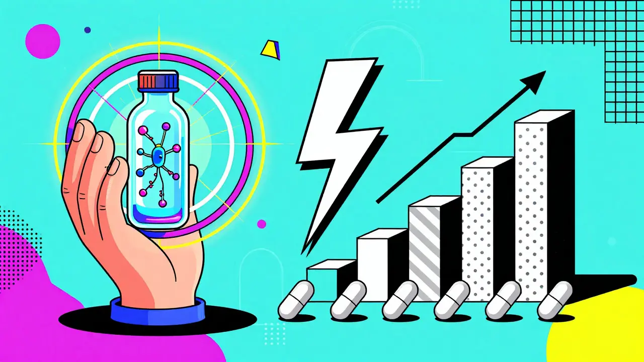 Stylized graphic depicting the trade-off between drug innovation and revenue.