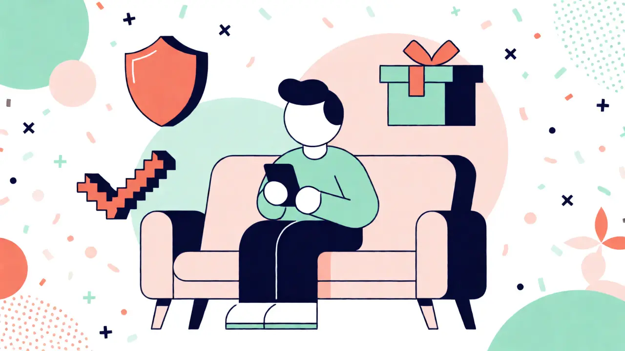 Abstract cartoon of a person using telehealth services for prescription delivery with safety icons