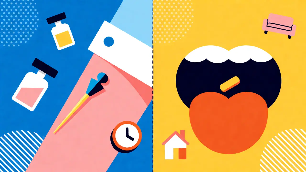 Split screen cartoon comparing allergy shots at clinic versus tablets at home