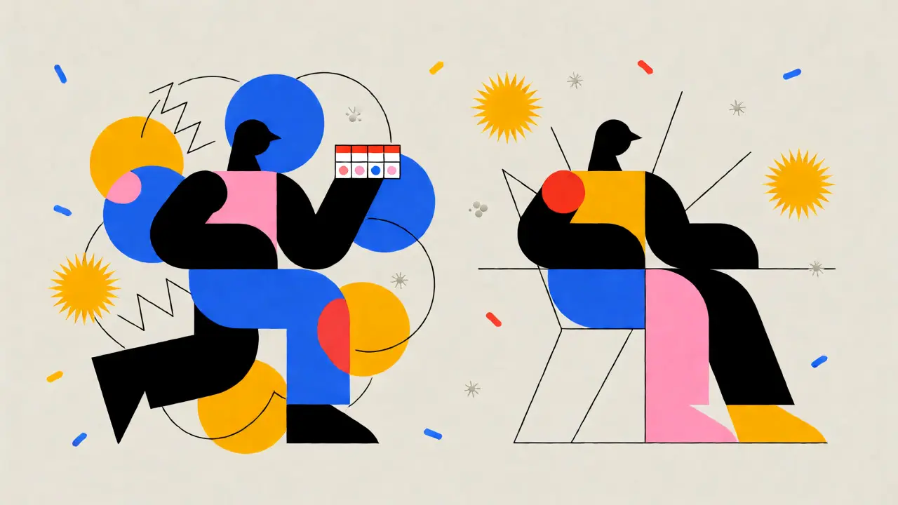 Stylized characters illustrating adherence challenges of pills versus shots
